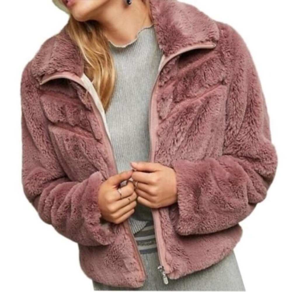 Anthropologie Faux Fur Jacket Teddy Bomber Mauve Dusty Rose